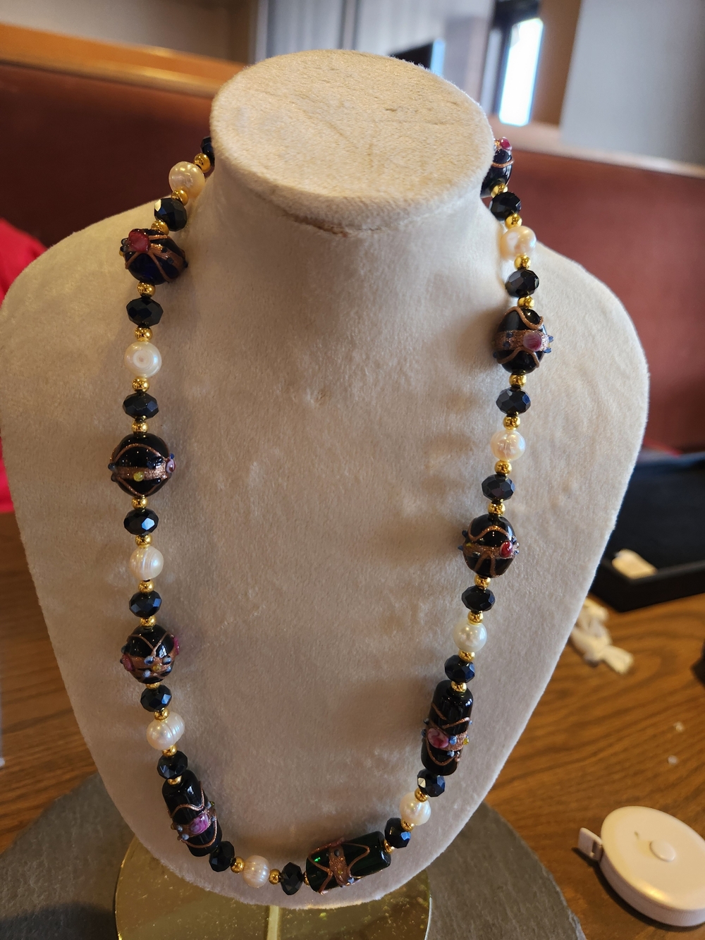 Black Beaded Necklace with Pearl Accents